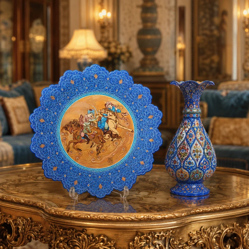بشقاب سنتی اسب شکار تلفیق مینیاتور و میناکاری