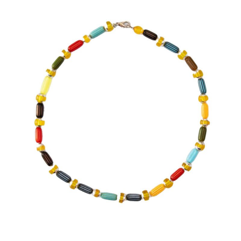 گردبند با مهره های زرد درخشان مهروه های کپسولی رنگارنگ
